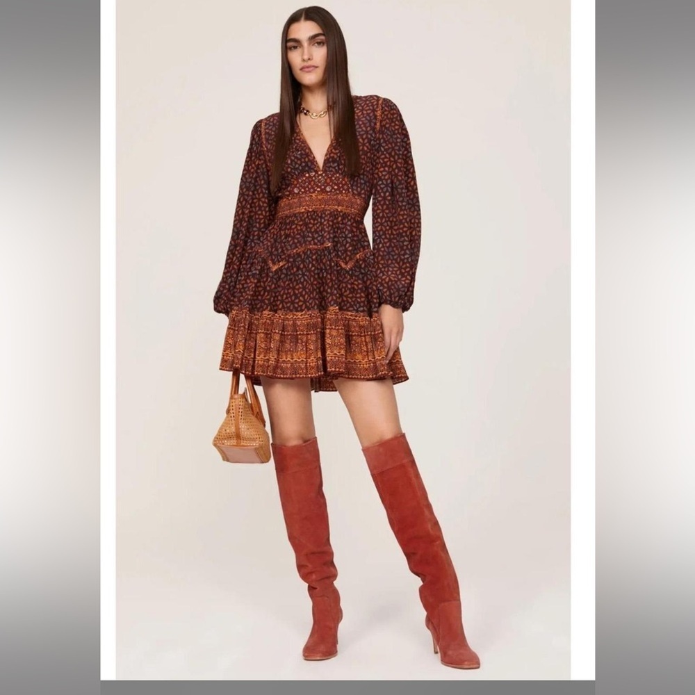 Ulla Johnson Brown and Rust Mini V-Neck silk Tiered Dress size 8